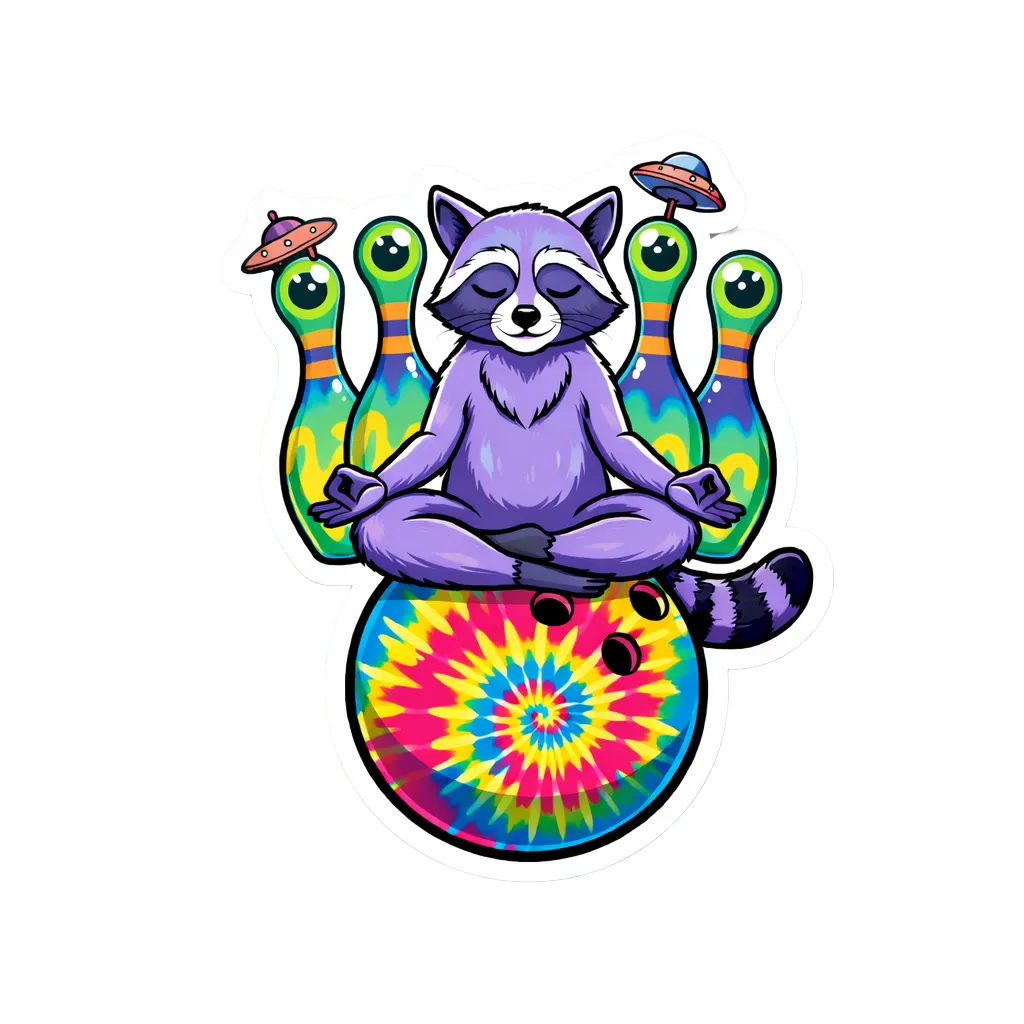 Colorful sticker with a raccoon meditating on a tie-dye ball, surrounded by alien bowling pins.